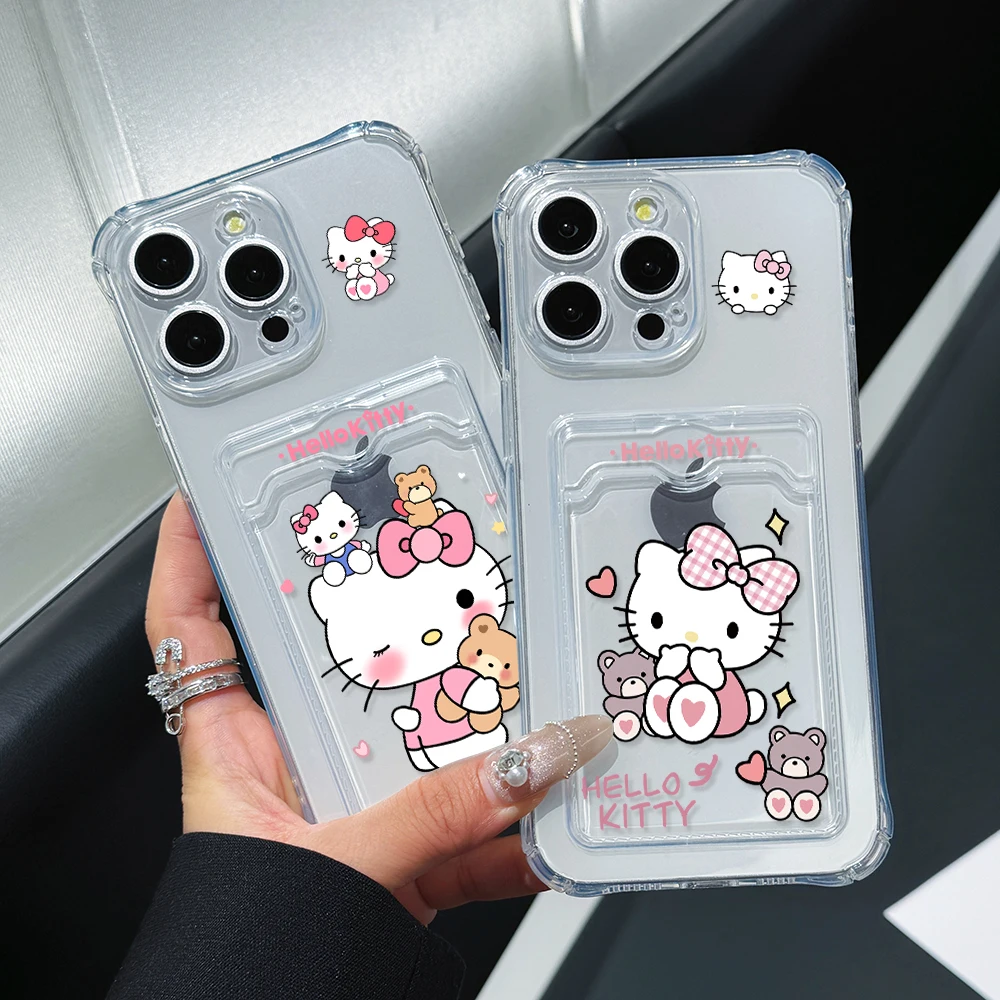 Cartoon Cat Hello Kitty Card Hold Case For iPhone 16 15 14 13 12 11 Mini Pro Max X XR XSMax 7 8 Plus SE20 Anti-fall Clear Cover