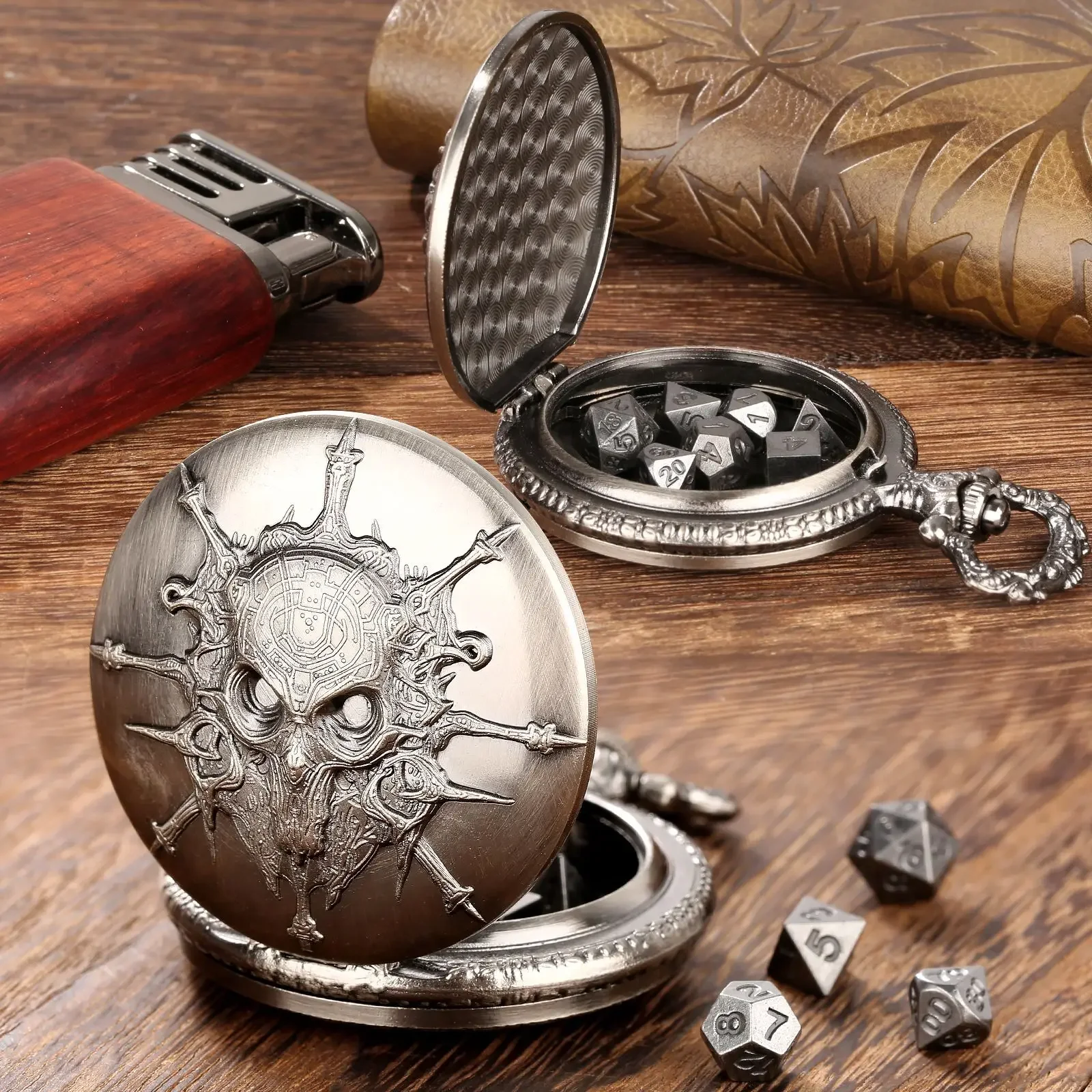 DND Dice Jewelry Pocket Watch Case Retro Flip Bronze Skull Head Metal Dice Case Thick Waist Chain