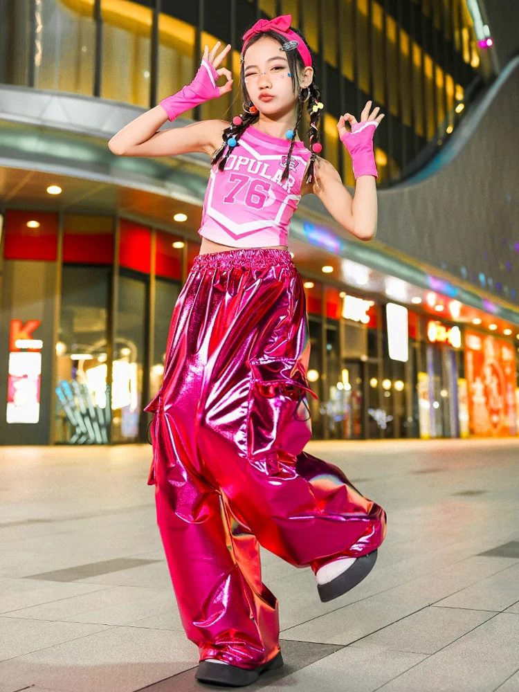 Kids Hip Hop Dance Clothes Girls Pink Vest Rose Red Leather Pants Kpop Performance Stage Costume Street Dance Wear Rave BL13426