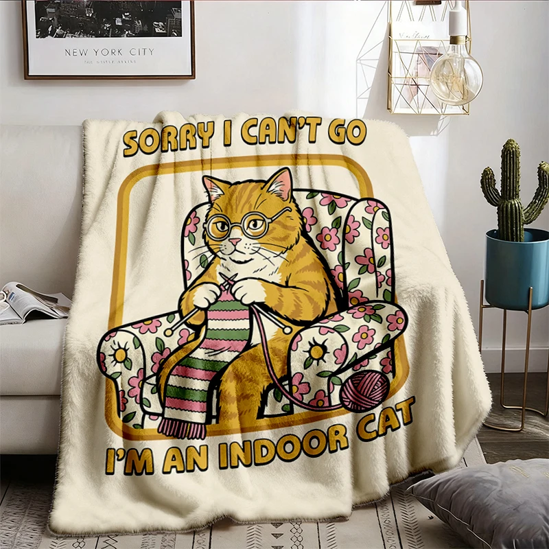 Sorry I Can't Go I'm an Indoor Cat Flannel Blanket, Funny Cat Flannel Throw, Introvert Comfort Cozy Blanket