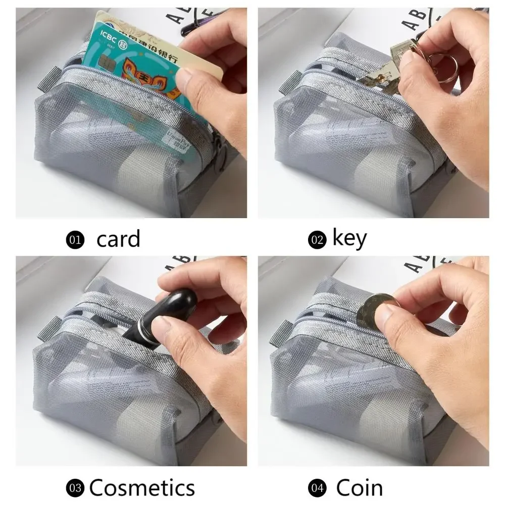 3PCS Mini Clear Nylon Mesh Cosmetic Bags Cute Women Small Lipstick Makeup Pouch Data Cable Key Earphone Organizer Case