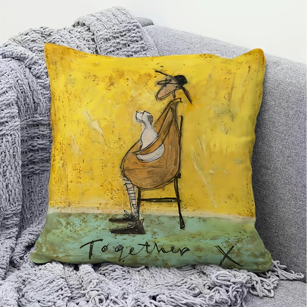 Doppelseitiger Vintage Abstrakter Hundebesitzer-Kissenbezug, Verspielter Kunstdruck mit Mann & Hund, Weicher Zierkissenbezug für Hundeliebhaber, Heimdekoration, Geschenk