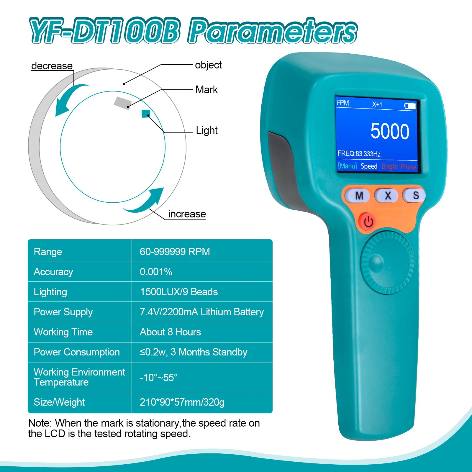 HP-DT100B Stroboscope Tachometer - High Precision Non-Contact Speed Measurement, Adjustable Flash Rate for Motors Fans Pumps