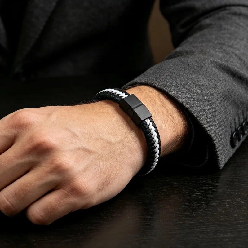 Braided Minimalism Leather Man Bracelet Stainless Steel Cuff Wrap Bracelet for Men With Magnetic Closure Jewelry-KB87374-BD