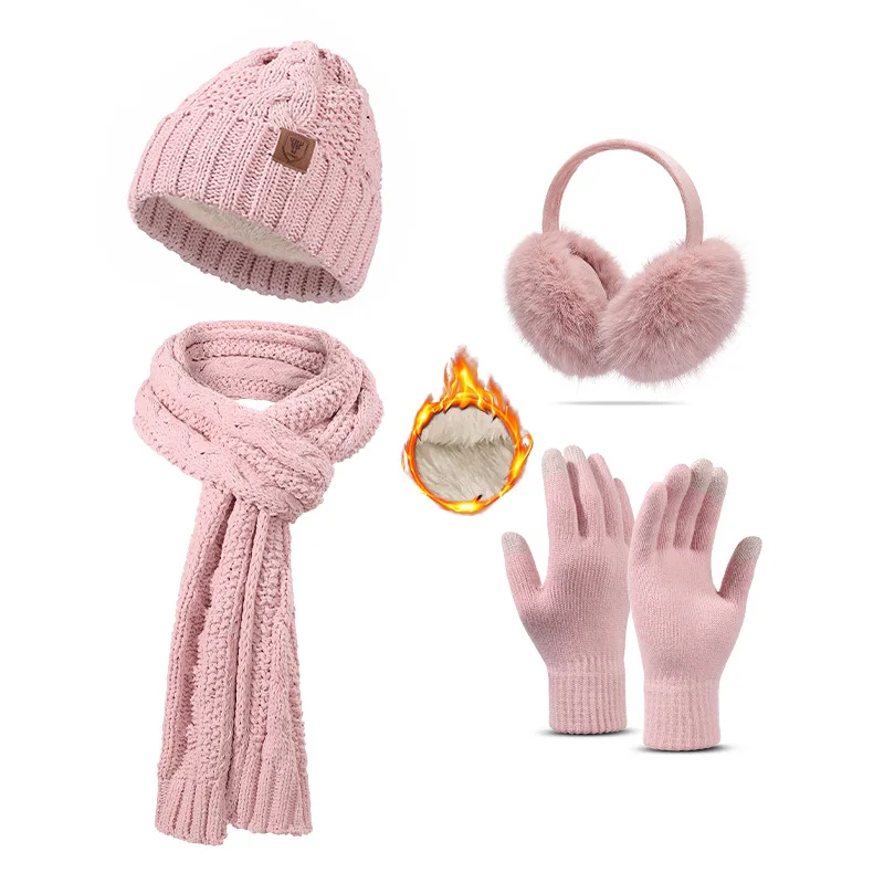 Hat, scarf, gloves and socks four-piece set with velvet and thickening for adults winter warm knitted hat set