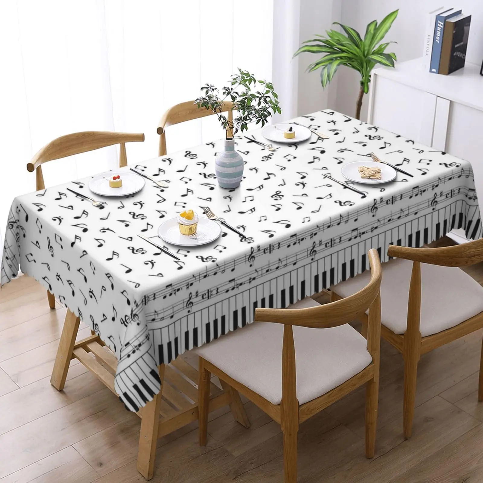 Musical Notes Rectangle Tablecloth Black and White Music Note Piano Keys Table Cloth for Party Kitchen Dining Decor Rectangular