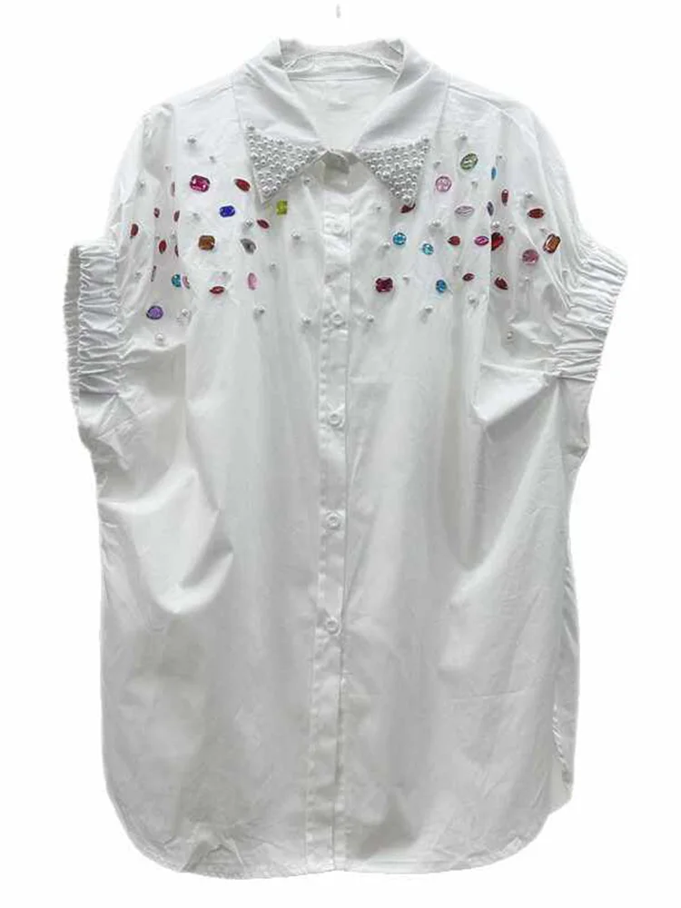 

Летняя женская рубашка с коротким рукавом и воротником-стойкой, украшенная бусинами, в стиле французского розового маникюра, новая модная свободная простая блузка C462