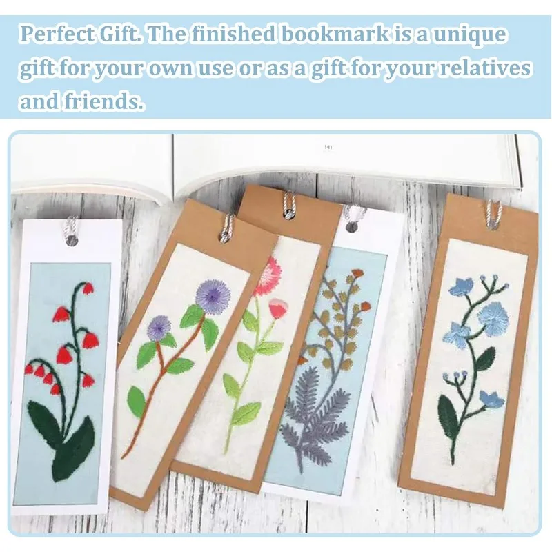 1Set Embroidery Bookmark Set Floral Plant Stamped Embroidery Bookmark for Starter Adults DIY Counted Cross Stitch Kit