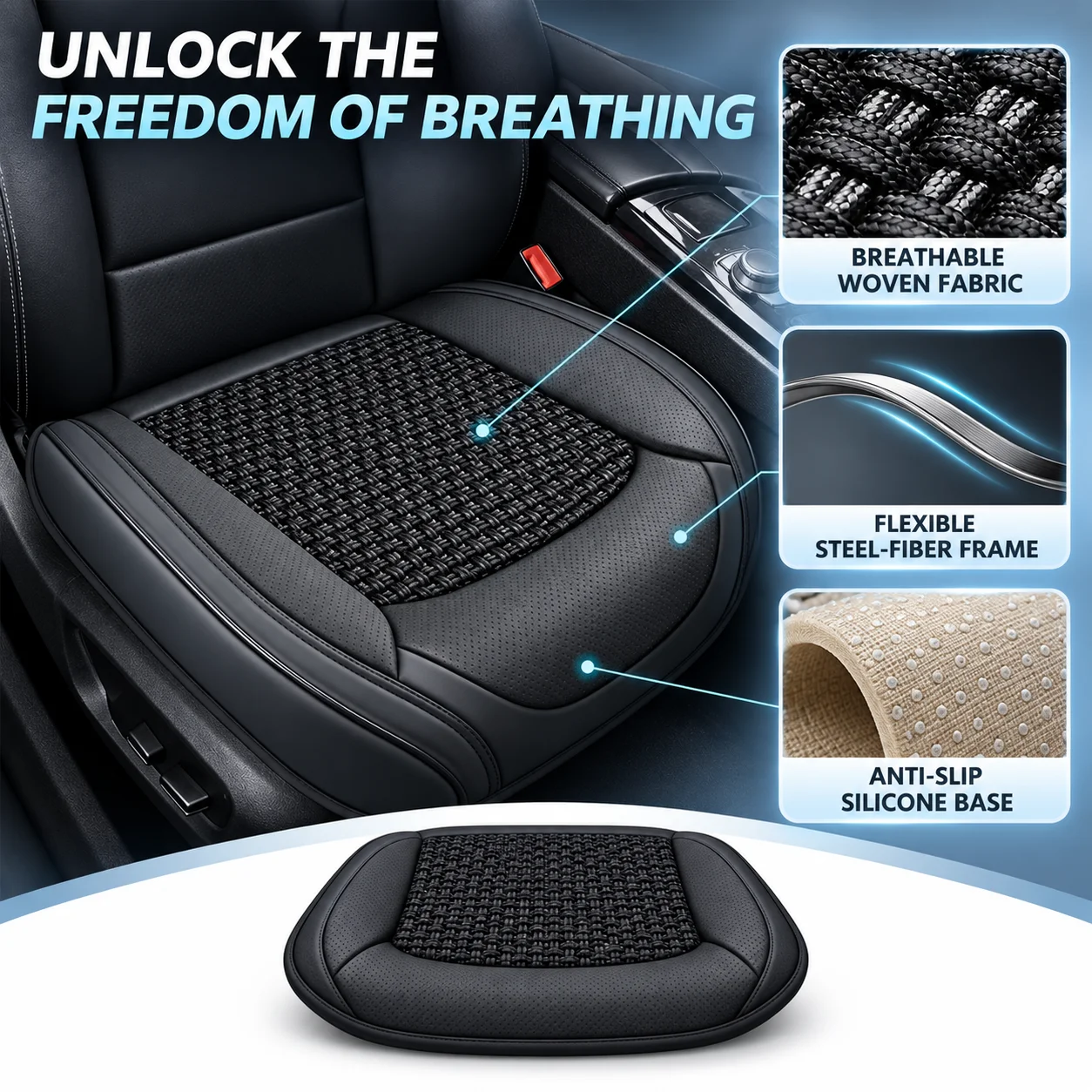 Breathable Car Seat Cushion by SEAMETAL, Ice Silk Cooling Full-Wrapped Front Seat Cover and Anti-Scratch Protector Universal