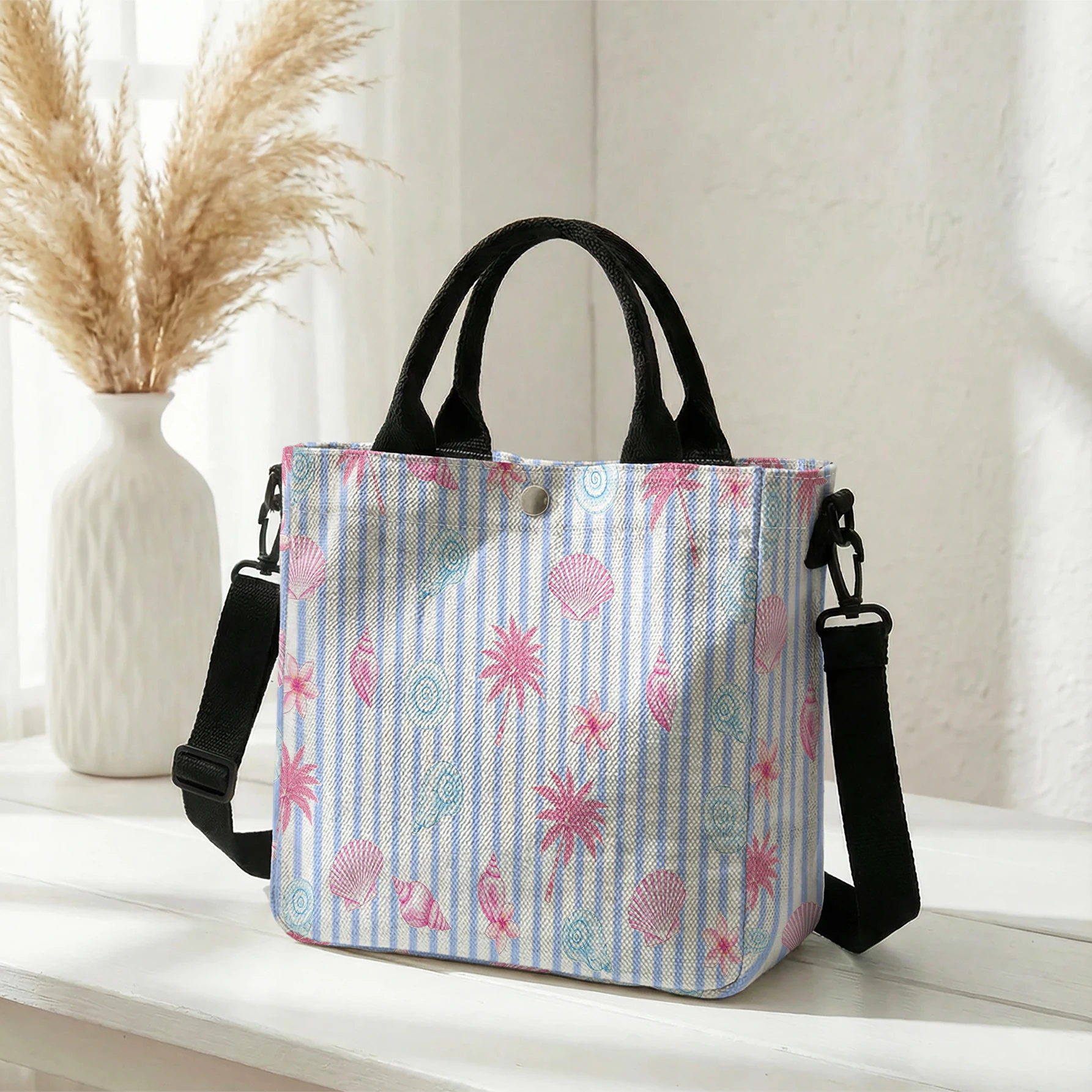 Seashell Palm Tree Striped Print Tote Bag Large Capacity Shoulder Bag For Shopping Travel Daily Use