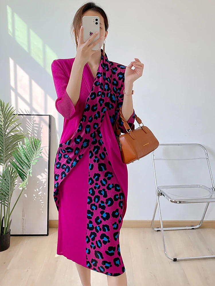 

Delocah High Quality Summer Women Fashion Designer Pleated Pencil Dress 3/4 Sleeve Leopard Colorblock Print Elegant Midi Dresses