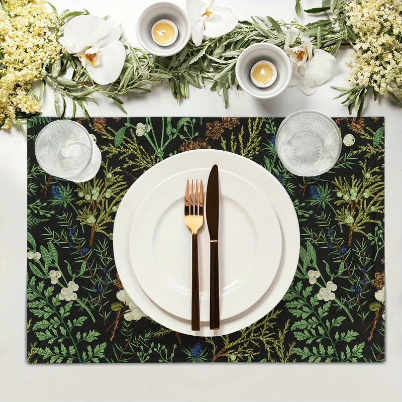 4pcs Green Leaves Placemats Botanical Fern Leaf Floral Place Mats Washable Kitchen Dining Spring Summer Black Linen Table Mats