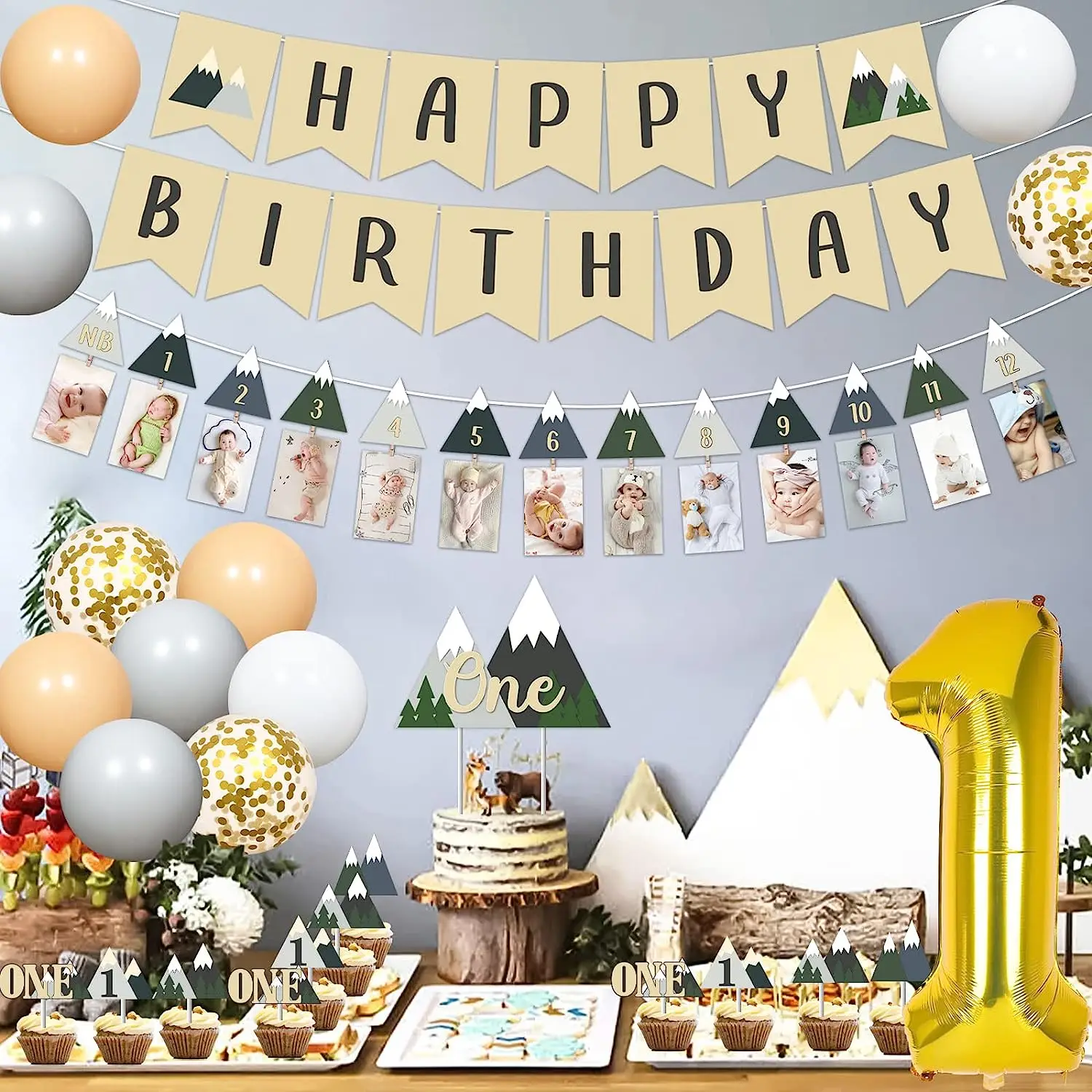 Imagem -02 - Montanha ° Aniversário Decorações de Festa Floresta Campista Mensal Foto Banner Cupcake Topper Confetti Balões para um Ano de Idade