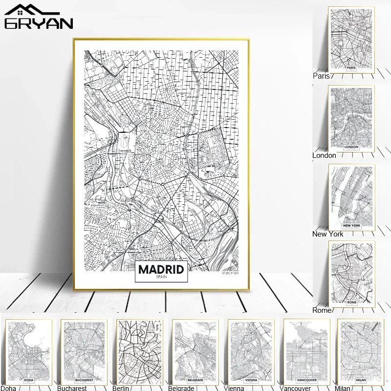 Black White World City Map Canvas Painting Madrid London New York Berlin City Line Wall Art Print Poster Room Decoration Picture