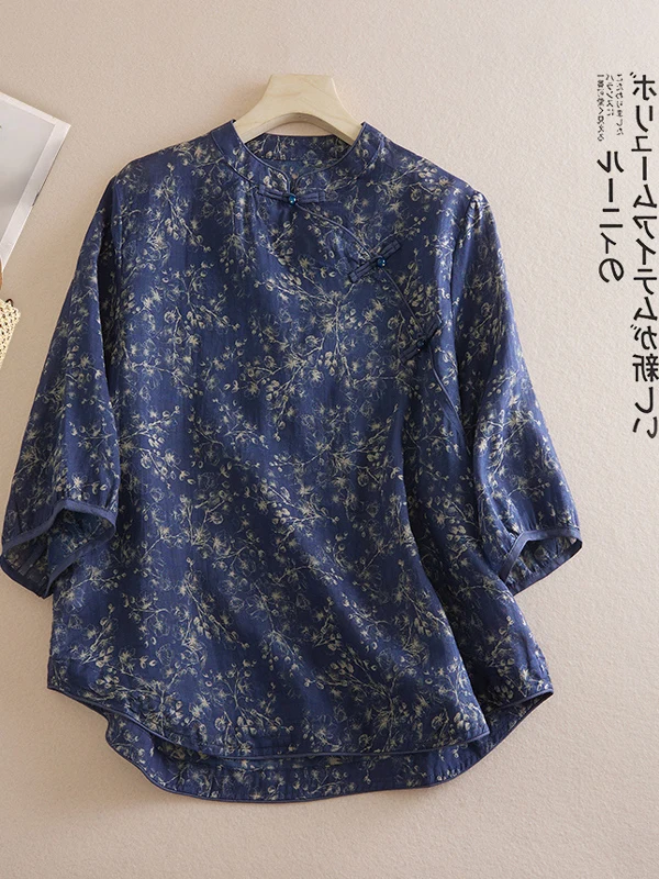 Algodão linho estampa floral botão up solto ajuste verão irt para mulheres plus size tradicional chinês sle casual wear