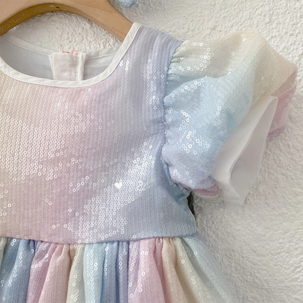 Bear Leader Fashion Rainbow Sequins Girl Dress Birthday Party Wedding Girl Dresses Kids Clothes Summer Ball Gown Dress Vestidos