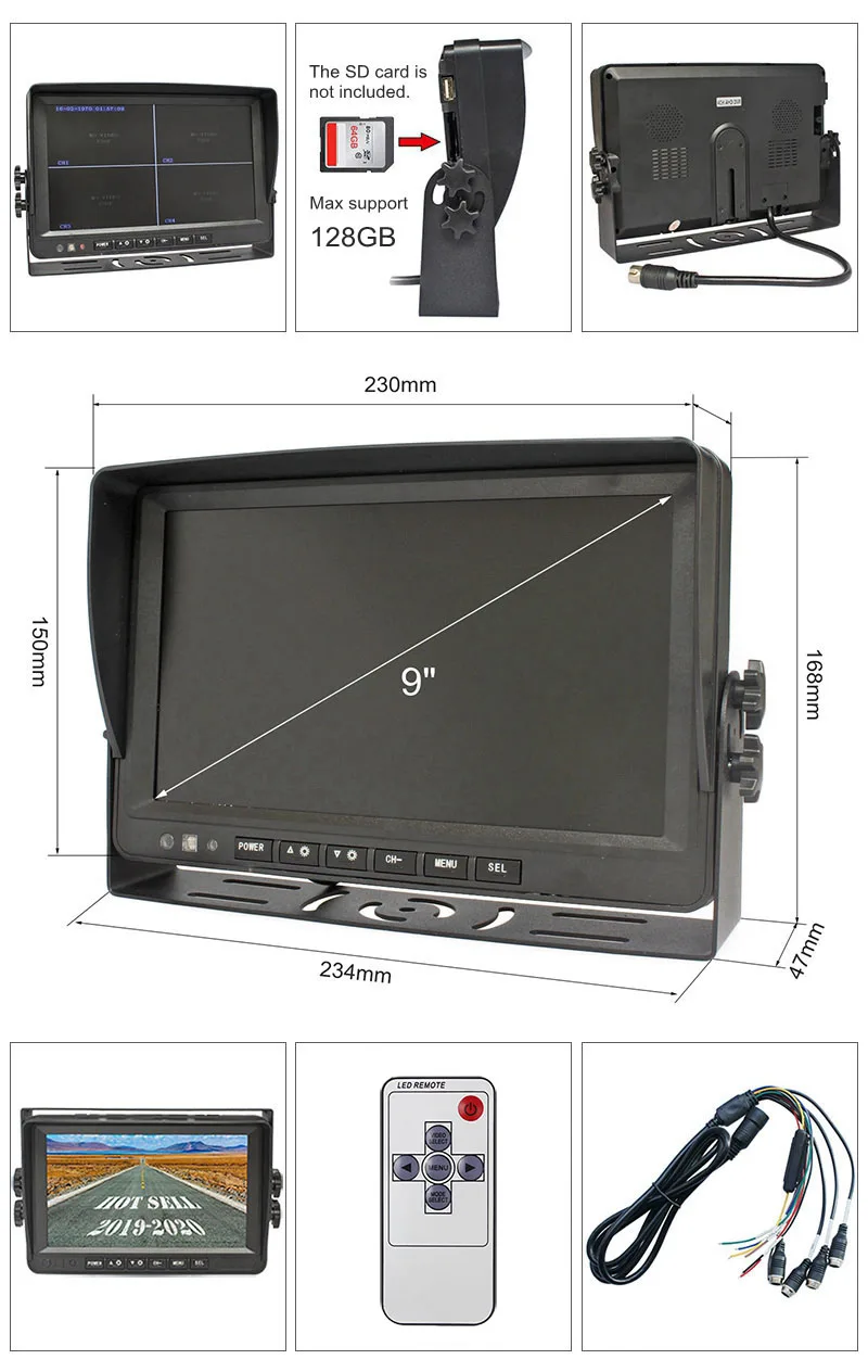 DIYSECUR 9" AHD IPS Split QUAD HD Car Monitor 960P AHD Rear View Car Camera Video Recording Truck Bus Video Surveillance System