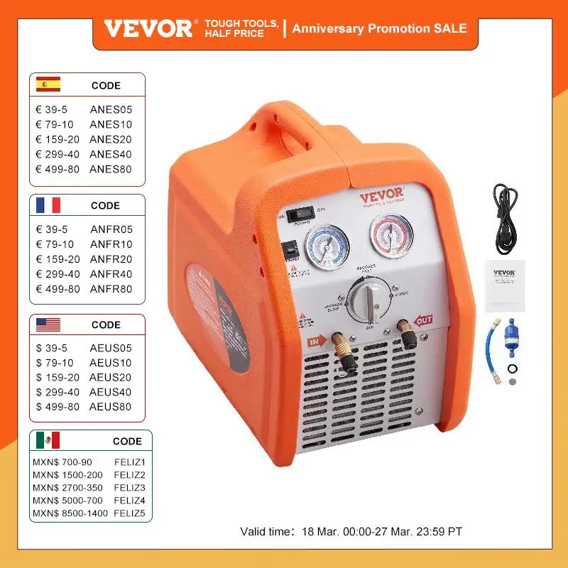 VEVOR Portable 1HP/3/4 HP Refrigerant Recovery Machine - AC Recovery Machine120V Recovery Machine HVAC for Liquid Refrigerant