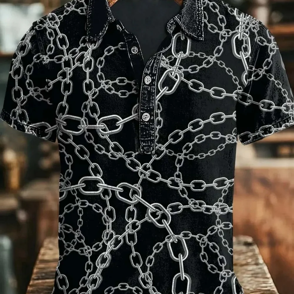 Men's printed polo shirt summer short sleeved casual black 3D metal chain printed Henley shirt retro streetwear plus size top