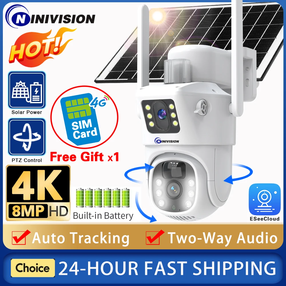 

4K 8MP Dual Screen Solar Camera Outdoor Wireless 4G SIM Crad PTZ Control Dual Lens Security Protection Auto Tracking CCTV Camera