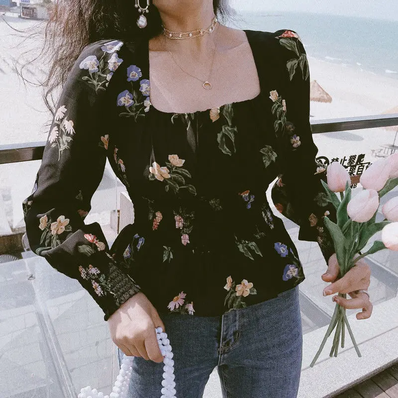 

Women Spring Summer New Square Collar Chiffon Pullover Retro Trendy Printing Cinched in the Waist Look Thinner Long Sleeve Tops