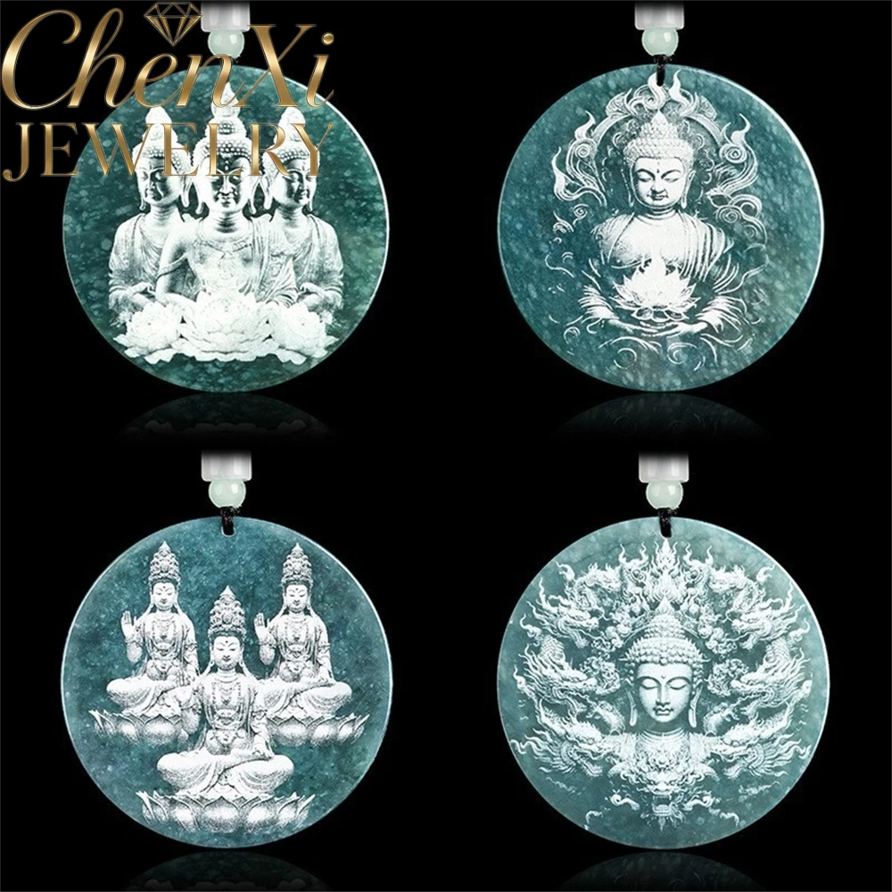 

Authentic Natural A-Grade Ice-Grade Jadeite Blue Water Guanyin Buddha Shadow-Carved Jade Pendant High-End FashionJewelry Gift