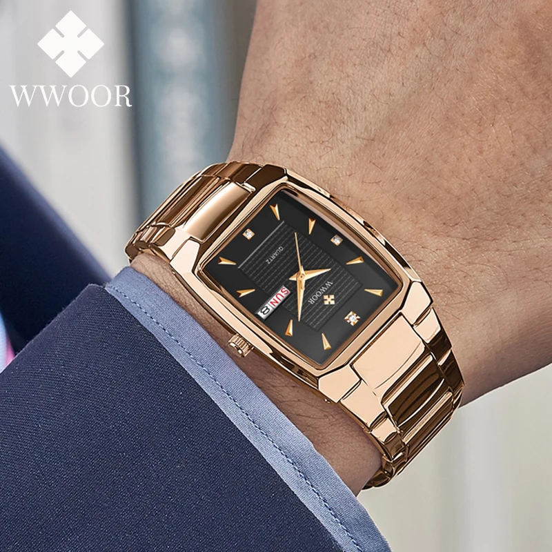 2024 New Luxury Fashion Men Watch WWOOR Waterproof Stainless Steel Date Clock Rose Gold Male Quartz Wristwatch Relogio Masculino