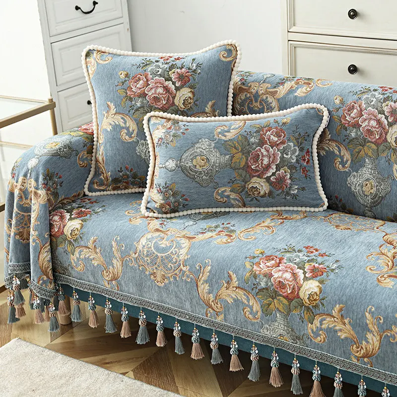 Copridivano con nappe di lusso europeo copridivano 1/2/3/4 posti Jacquard fiore singolo mobili reclinabile Chaise divano asciugamano