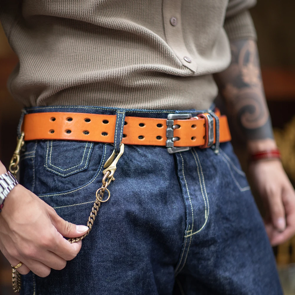 Maden Vintage Top Layer Cowhide Belt Vegetable Tanned Solid Color with  Double Pin Buckle Jeans Belt for Men's Daily Life