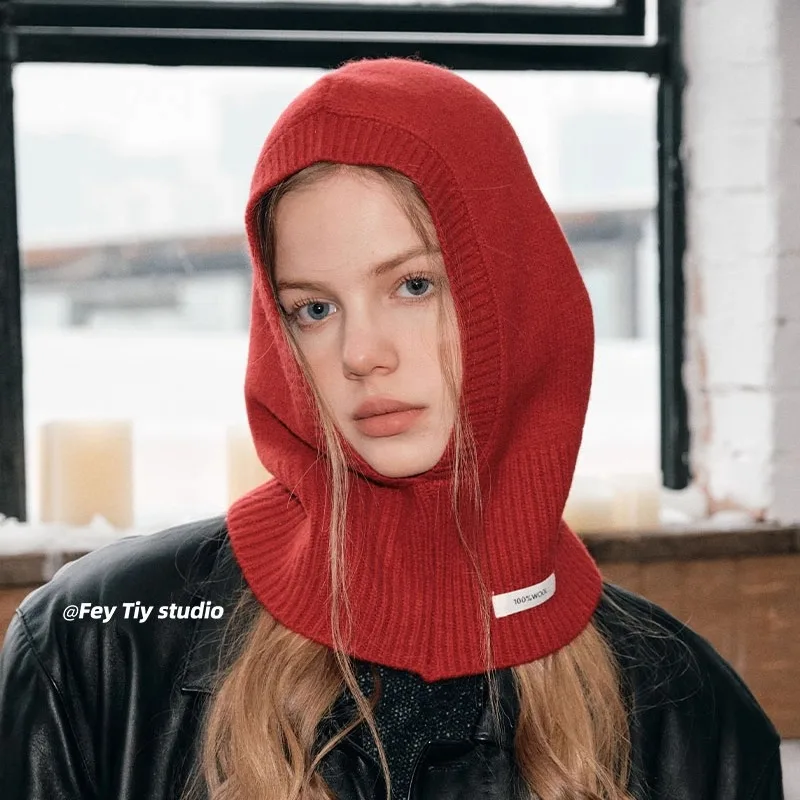 100% Australia Wool Balaclava Hat for Women Winter Hooded Caps Korean Style Outdoor Warm One-Piece Neck Collar Beanies Hats