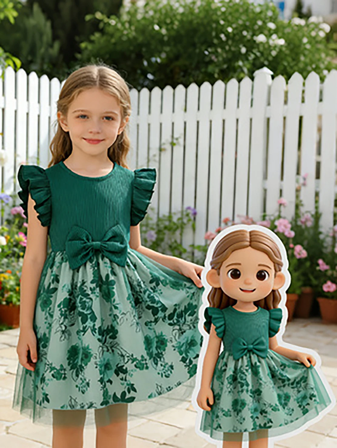 Robe de princesse verte dégradée pour petites filles, jupe tutu à imprimé floral d'été, robe quotidienne de style pastoral pour enfants