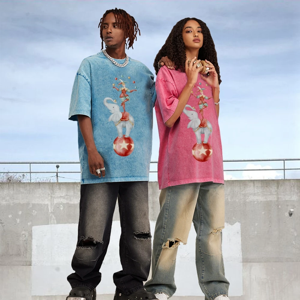 

Y2K Graphic T-Shirts Circus Clown Tee 100% Cotton, High-Quality Oversize Washed Tee. Clown Elephant Print Retro 90s Y2K Vibe