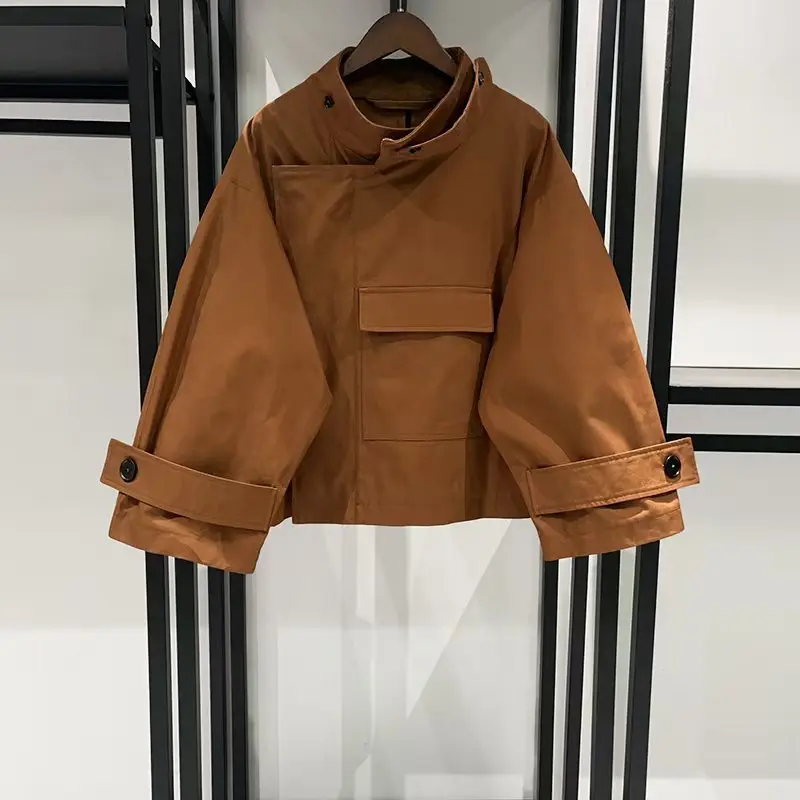 

Women's Vintage-Style Stand Collar Long-Sleeve Straight-Cut Short Trench Coat, Fashionable Casual Oversized Jacket, Y2K,2025