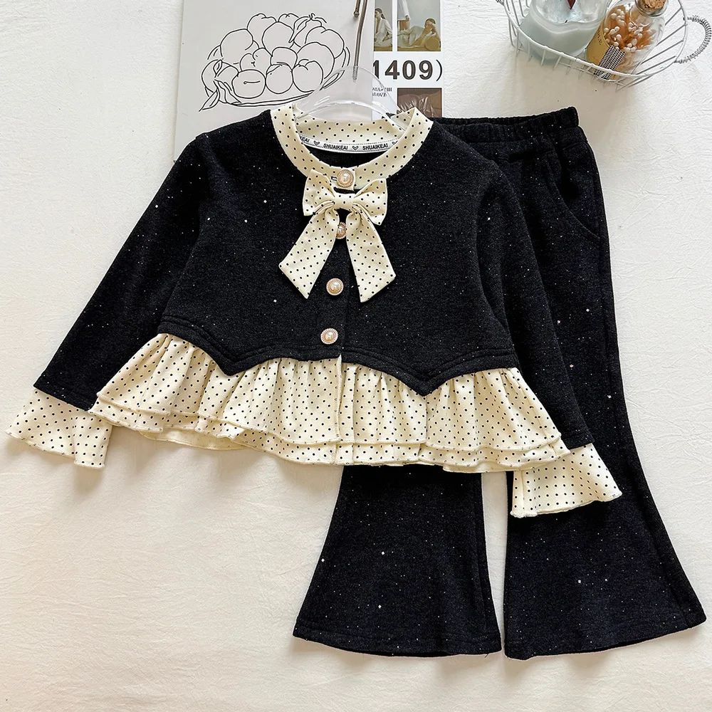 RAISE Autumn Children Girls 2PCS Set 2-10Yrs Kids Girls Dot Printed Shirt Tops Suits Loose Shiny Babys Girls Flared Pants Outfit