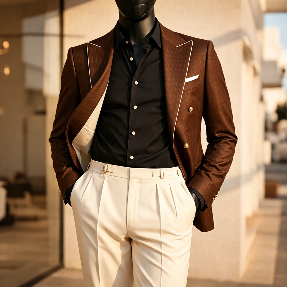 Timeless Shrarp Men's Brown Pinstripe Double Breasted Suit Elegant Wedding Party Groom Attire Formal Business 2 Piece Set