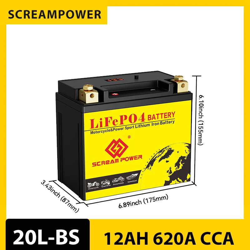 

20L-BS Lithium Motorcycle Rechargeable Battery 12V 12AH 620 CCA with BMS with 4000 Life Cycles Ideal for Starting Batteries