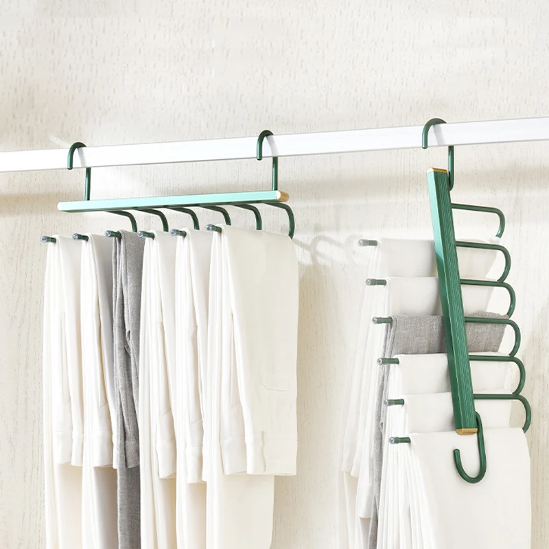 

Luxury Green Magic Trouser Hangers Folding 6-layers Pants Clothes Storage Rack Wardrobe Aluminium Alloy Pants Hangers Organizer