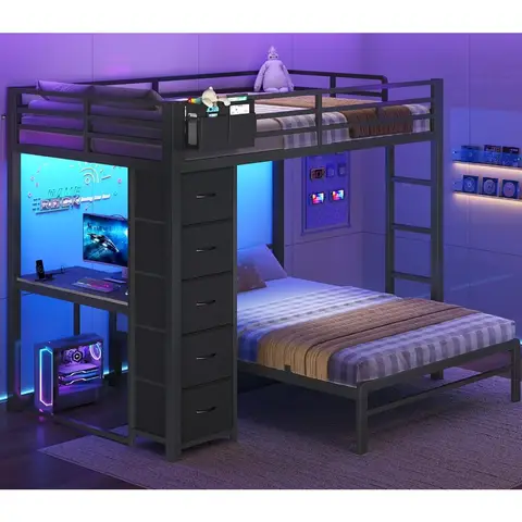 Bunk Bed with Desk, Full Over Full Bunk Beds with 5 Storage Drawers & Charging Station, Full Size Bunk Bed with LED, Custom
