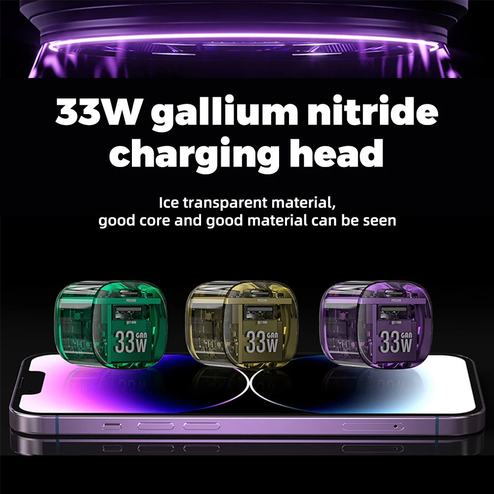 33W GaN Charger Transparent Punk PD20W Small-volume Low Temperature US Fold QC FCP Multiprotocol Charge Phone Fast Charging Head