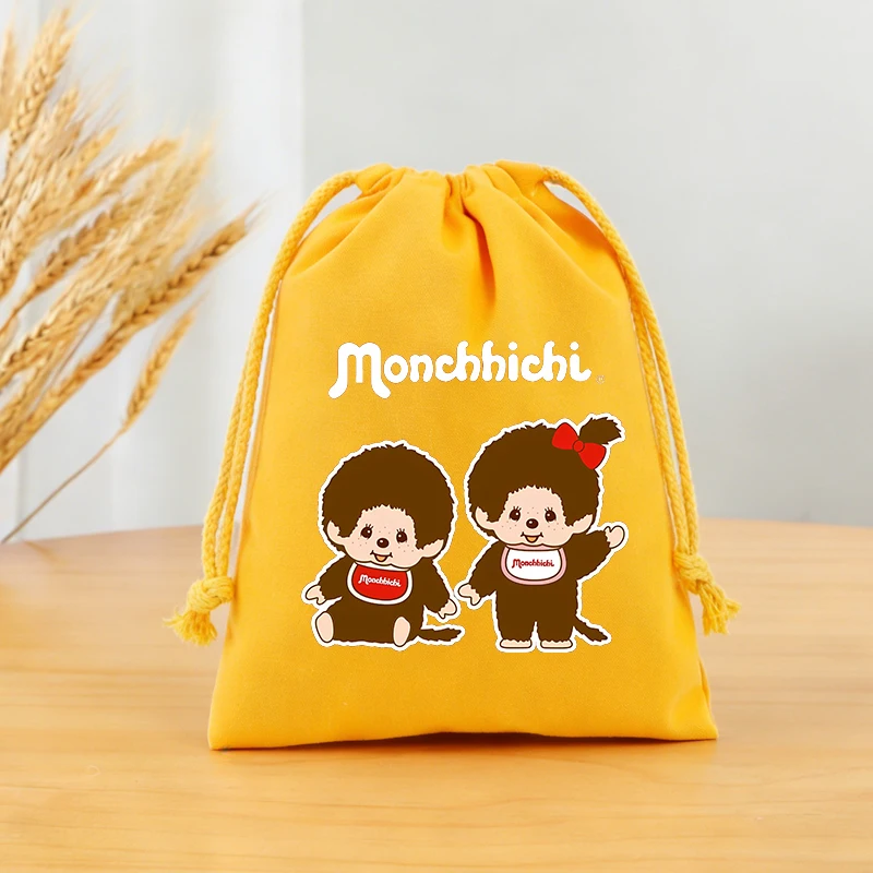 

Monchhichi Drawstring Bags Cartoon Figures Flannel Bundle Pockets Kawaii Travel Candy Gift Bag Anime Kids Portable Storage Pouch