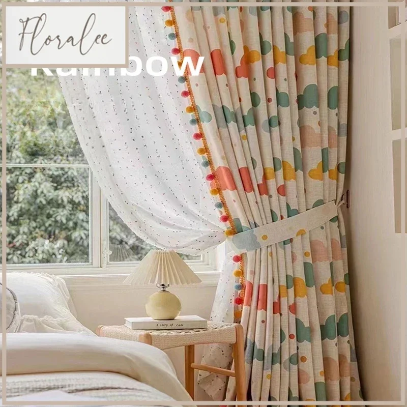 

Rainbow Clouds Curtain A Living Room Bay Window Balcony Retro Cute Children's Room Sheer Curtains High Shading Sweet