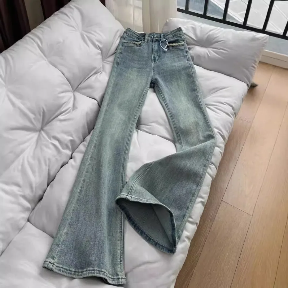 

Женские расклешенные брюки с высокой талией, заклепками, потертыми карманами, молниями, весенним и осенним темпераментом, джинсы в стиле ретро