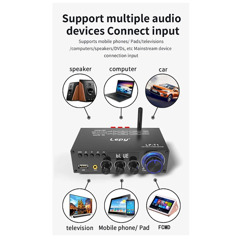 Eccellente-Lepy LP-T1 Amplificatore digitale Hifi Bluetooth Disco coassiale USB Riproduzione senza perdita Mini amplificatore digitale 30Wx2 + 60W EU-PLU