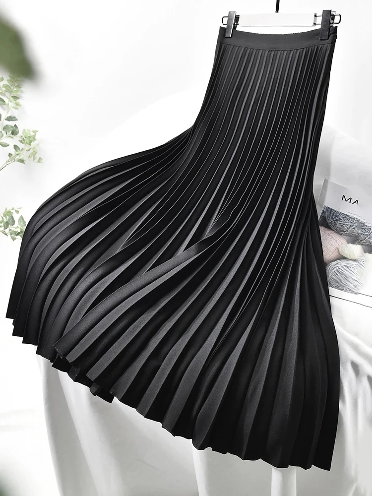 Elegant Long Pleated Skirt Women Spring Autumn Solid Elastic Waist A-line Slim Luxury Midi Skirt Vintage Female