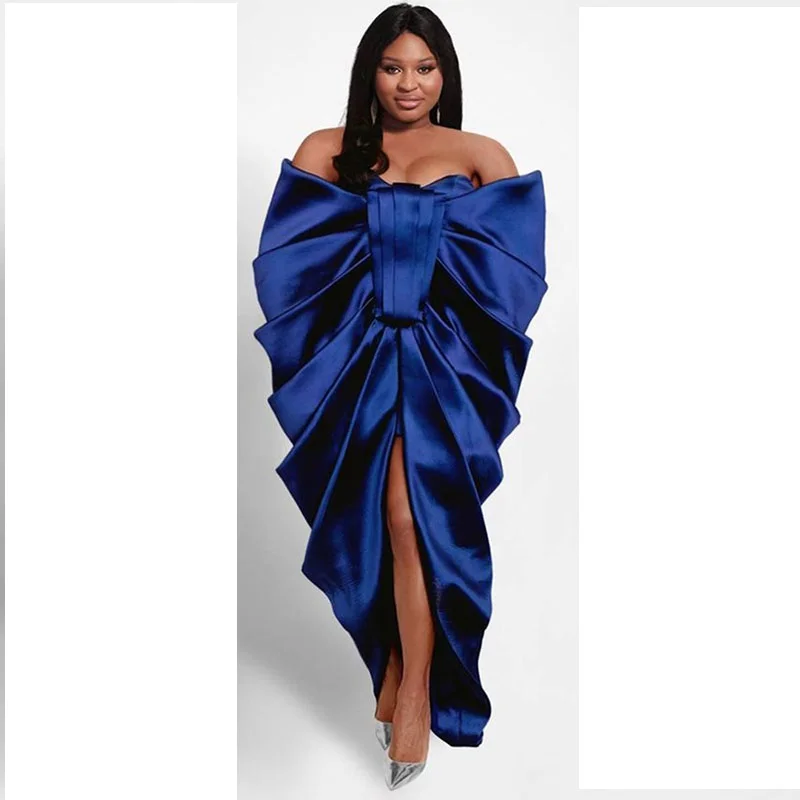ชุดราตรีสีน้ำเงินแบบรัดรูปทันสมัยสำหรับผู้หญิงแอฟริกันไซส์ใหญ่ ชุดออกงานพรอมเซ็กซี่เปิดไหล่ผ่าหน้า ชุดเดรสงานเลี้ยงอย่างเป็นทางการ