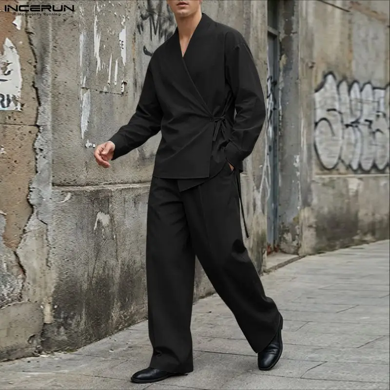 INCERUN Men Sets Solid Color V Neck Long Sleeve Shirt & Pants Two Pieces Sets Streetwear Loose 2026 Fashion Men's Casual Suits