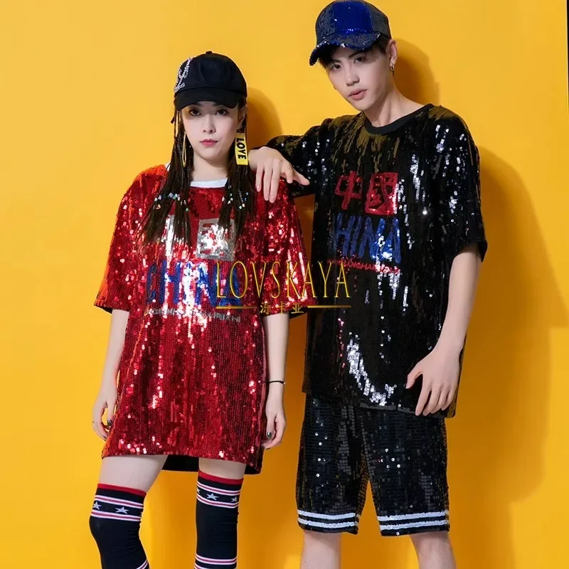 New Chinese performance costumes stage sequins street dance costumes jazz dance hip-hop T-shirts