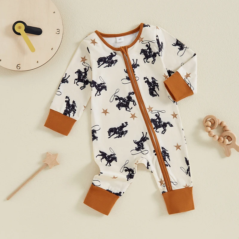 Baby Boy Zipper Romper Casual Western Cowboy Print Long Sleeve Jumpsuit for Infant Toddler Fall Outfit