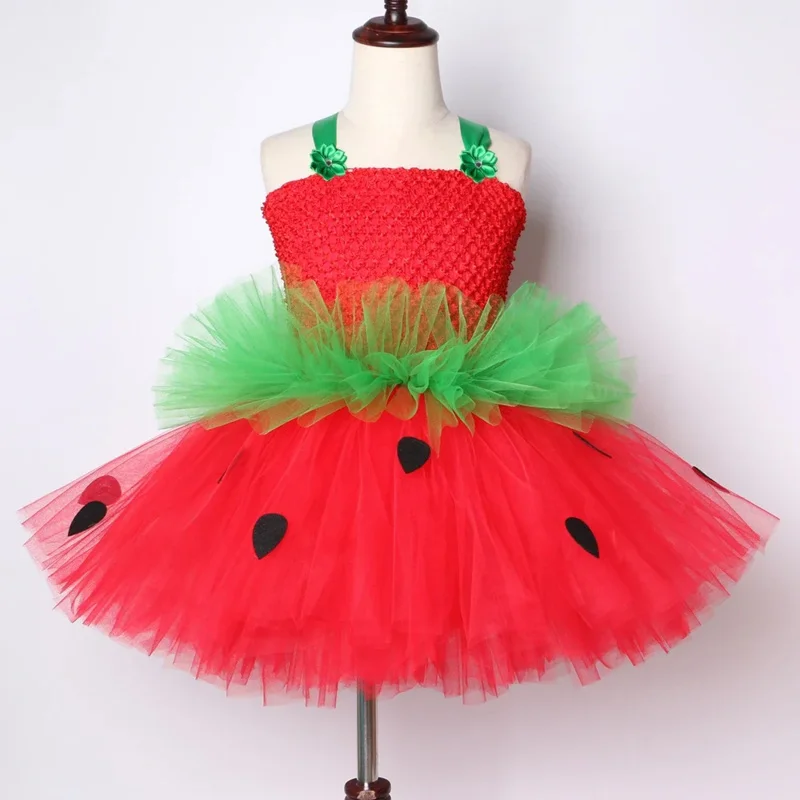 Cute strawberry tutu dress red green tulle flowers Princess girls birthday party dress children kids Christmas Halloween costume