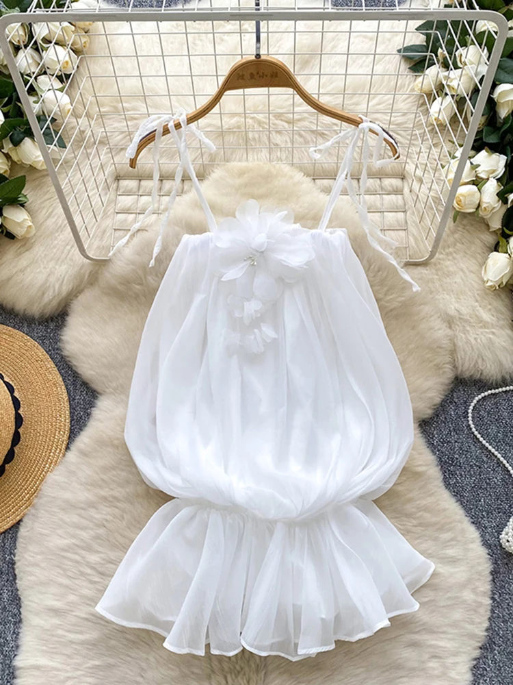 

Летнее платье, женский топ на подтяжках с объемным цветком и однотонным подолом в виде листьев лотоса, шифоновая рубашка, отпускные подтяжки S5